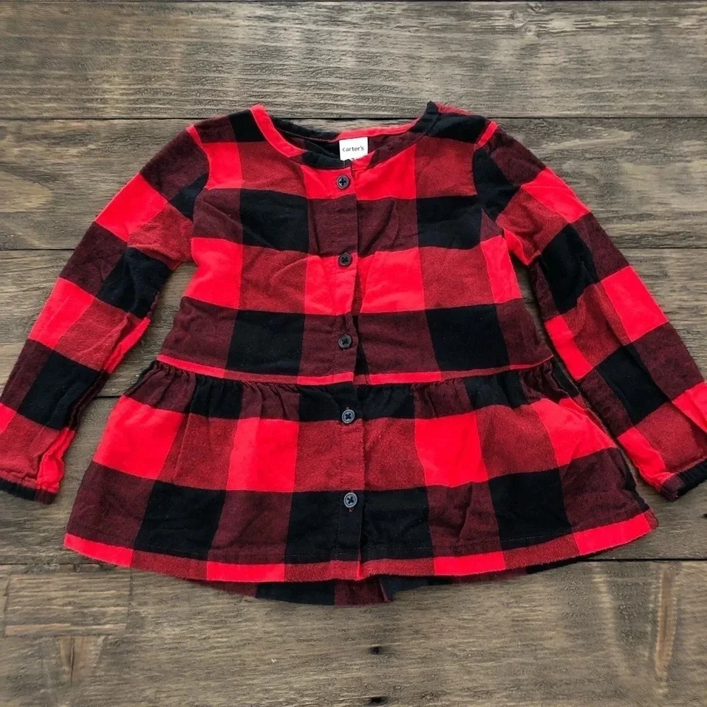 Carter’s Toddler 2T Red Buffalo Check Plaid Button Up Shirt‎ Peplum Ruffle Black
